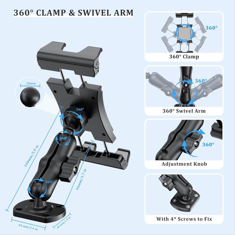 OHLPRO Tablet Holder for Car & Truck Dashboard Heavy Duty iPad Mount with Upgrade Double Spring Clamp & Drill Base 360° Rotating Arm for 5"-13" Tablets & Phones Kindle, Fit for Vehiclesa, Wall, Desk - Image 5